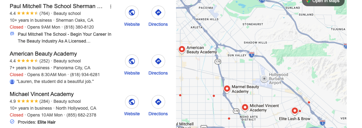 Google map-pack results for beauty schools in LA